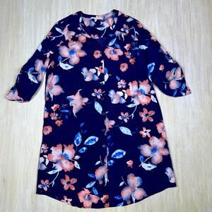 41 Hawthorn Blue Pink Floral Button Front Roll Tab Sleeve Casual Shirtdress LG